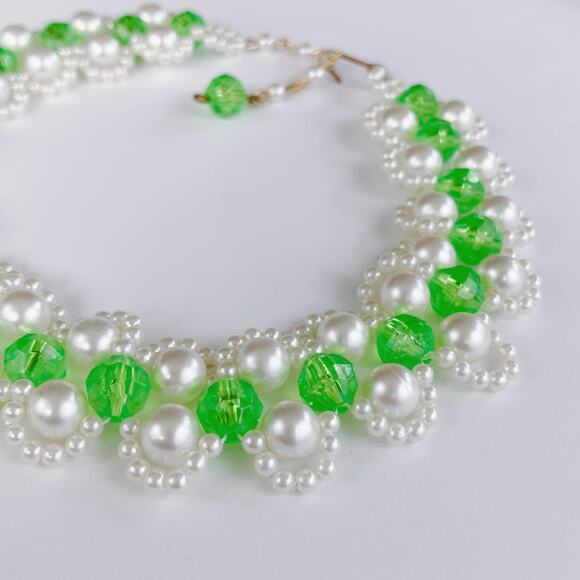 VTG Green Beaded Choker Necklace Faux Pearl Gold Tone Adjustable Y2K 2000s - Picture 11 of 12